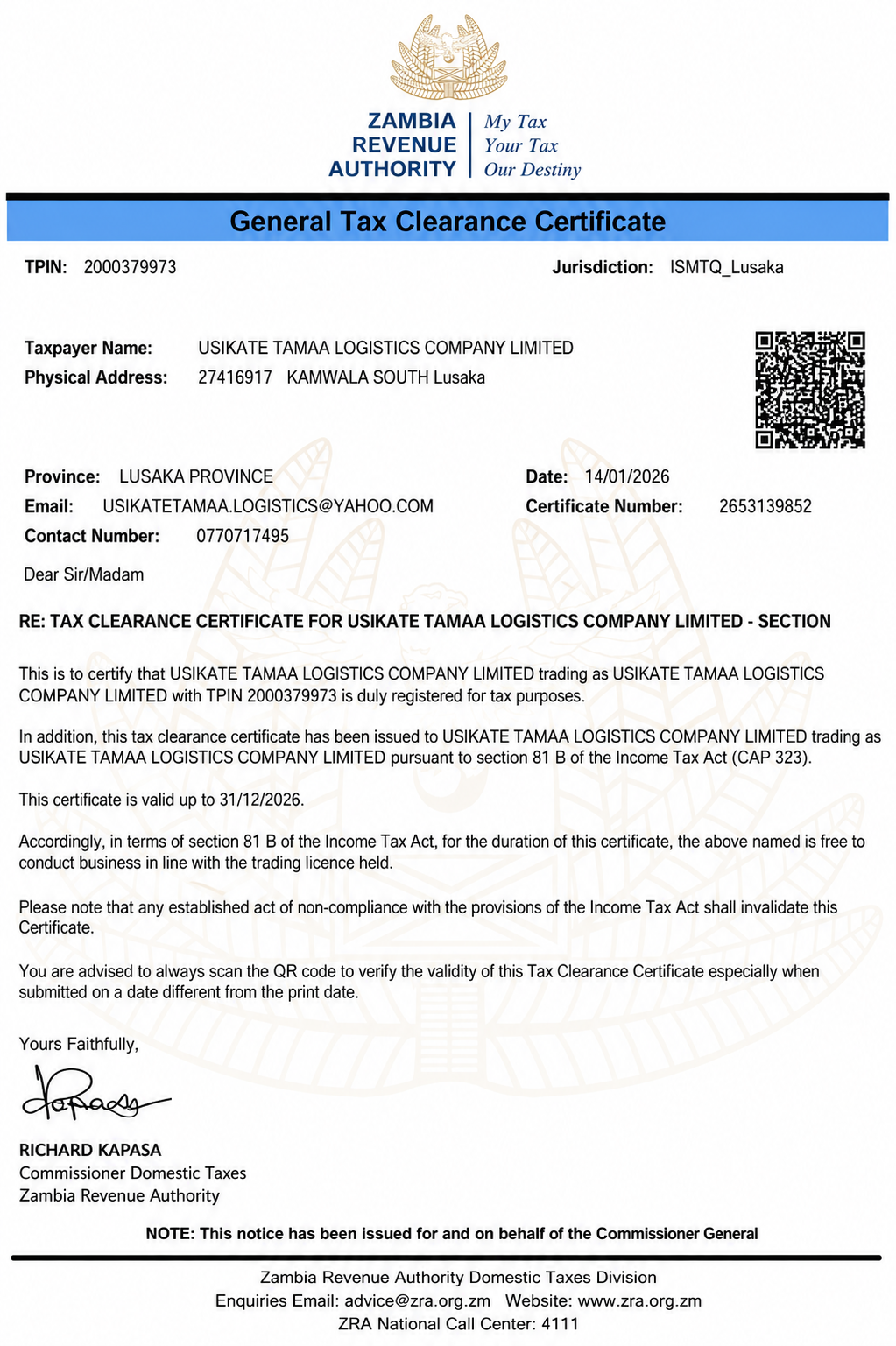 ZRA General Tax Clearance Certificate