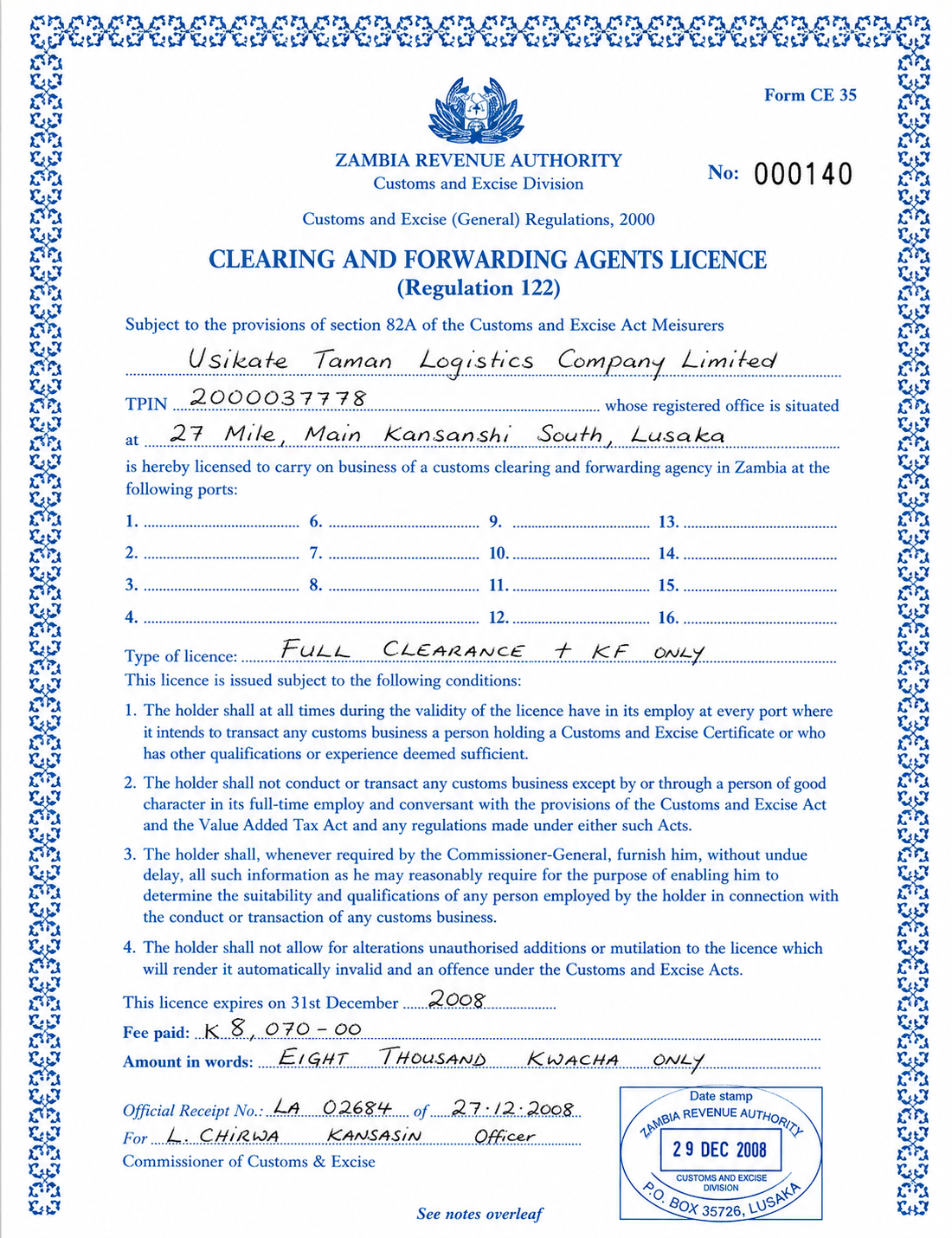 ZRA Clearing and Forwarding Agents License